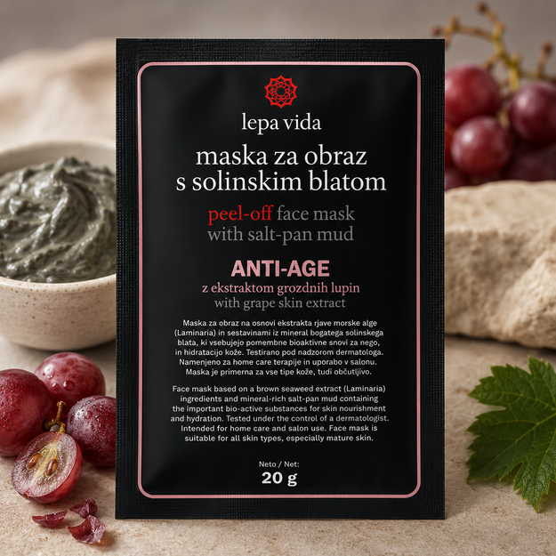 Peel-off veido kaukė ANTI-AGE su druskynų purvu ir vynuogių odelių ekstraktu 20 g